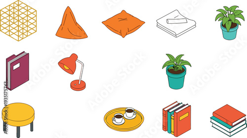 Set of Modern Interior Decor Icons Featuring Cushions, Books, Lamps, Plants, and Coffee Cups