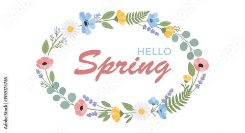 A beautiful oval floral wreath with the words "Hello Spring" written in the center, featuring various spring flowers and greenery.