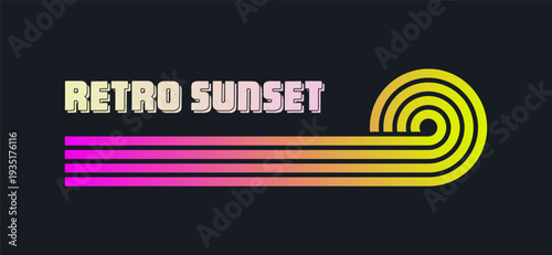 Vintage colorful sunset. Various gradient striped sunrise badges in 80s and 90s style. Sun and ocean view, summer vibes, surfing. Design element for print, logo or t-shirt. Vector illustration