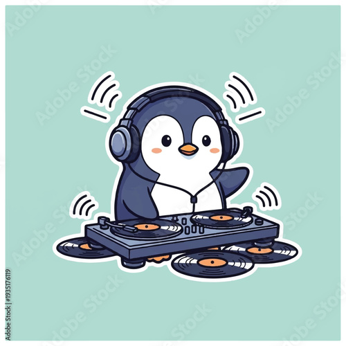 Penguin DJ Mixing Music on Controller.