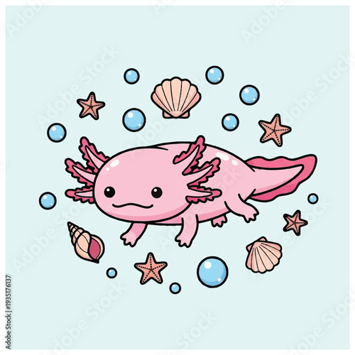 Cartoon Pink Axolotl Surrounded by Sea Elements.
