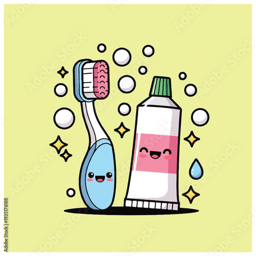 Toothbrush and Toothpaste with Smiling Faces.