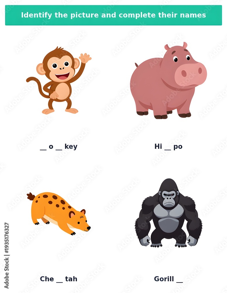 Fototapeta premium Jungle Animals Spelling Practice Sheet Complete the word printable spelling practice page