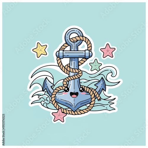 Blue Anchor with Rope and Stars Illustration.