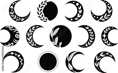 Collection of various crescent moon phases with decorative designs