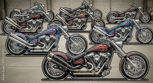Collection of Custom Chopper Motorcycles Lined Up Together.