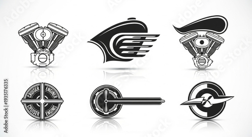 Collection of motorcycle emblems and logos in black and white.