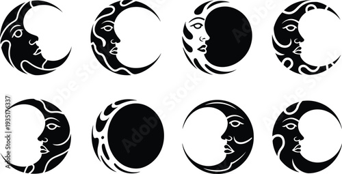 Collection of various moon phases with human face profiles in black silhouette