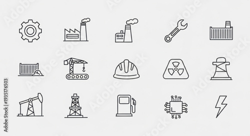 Industrial icons set for manufacturing and energy production.