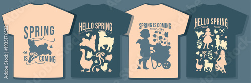 Pastoral cottagecore t-shirt print collection with spring quotes and animal silhouettes. Vintage Easter garden designs for apparel.