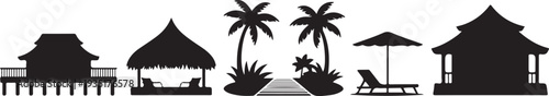 tropical island resort silhouettes with palm trees and beach huts and sun loungers