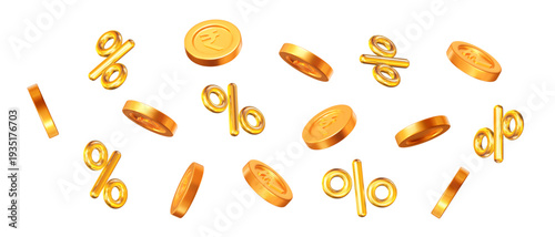 3d vector flying golden shiny Indian rupees coins with percent discount. For promotion, marketing and advertising in social networks. Stock vector illustration on isolated background.