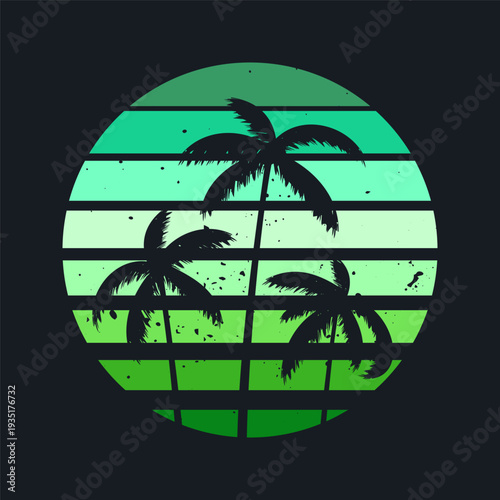 Grunge vintage sunset. Colorful striped sunrise badge in 80s and 90s style. Sun and ocean view, summer vibes, surfing. Design element for print, logo or t-shirt. Vector illustration