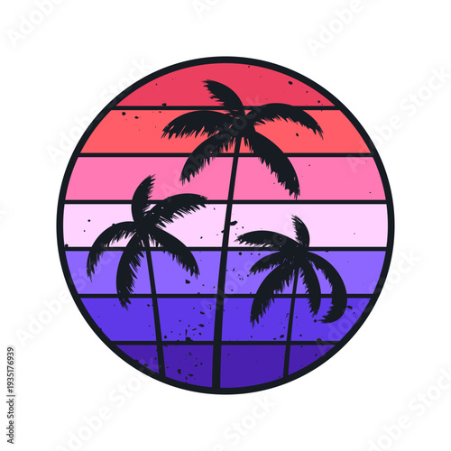 Grunge vintage sunset. Colorful striped sunrise badge in 80s and 90s style. Sun and ocean view, summer vibes, surfing. Design element for print, logo or t-shirt. Vector illustration