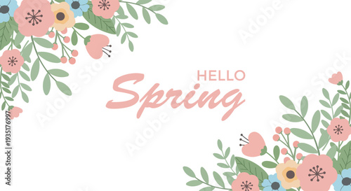 A beautiful floral illustration with the words "Hello Spring" written in elegant script, perfect for seasonal greetings.