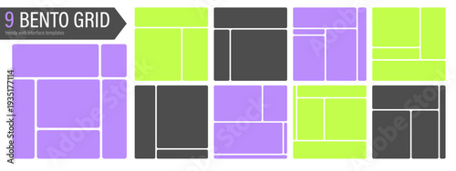 Rounded corner bento grid frames. Clean geometric collage layouts for photo stories.