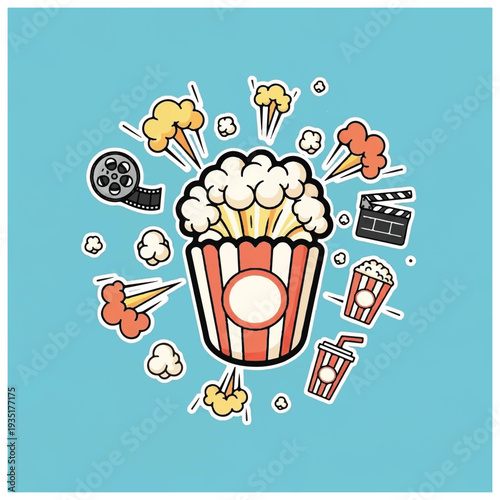 Cartoon Popcorn Bucket with Cinema Elements.