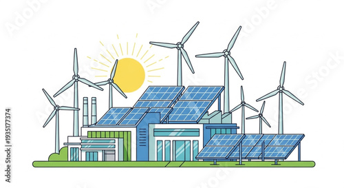 Renewable Energy Power Plant with Solar Panels and Wind Turbines.