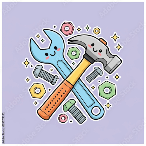 Cartoon Wrench and Hammer Tools Illustration.