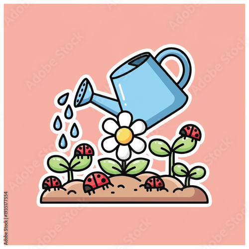 Watering Can Nourishing Flowering Plants Illustration.