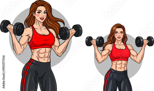 Strong Woman Lifting Dumbbells Vector Illustration