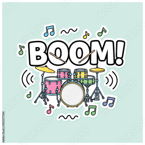 Colorful Cartoon Drum Set with Music Notes.