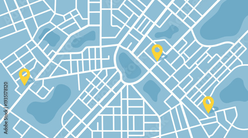 Modern Stylized City Map with Three Yellow Location Pins. Navigation, Travel Route, and GPS Destination Planning Concept.