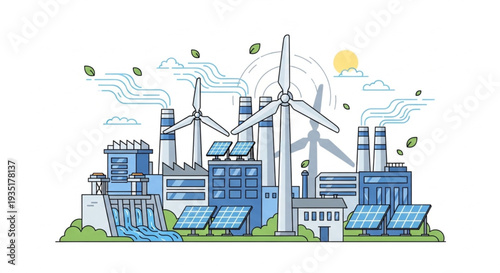 Renewable energy sources industrial complex with wind turbines and solar panels.
