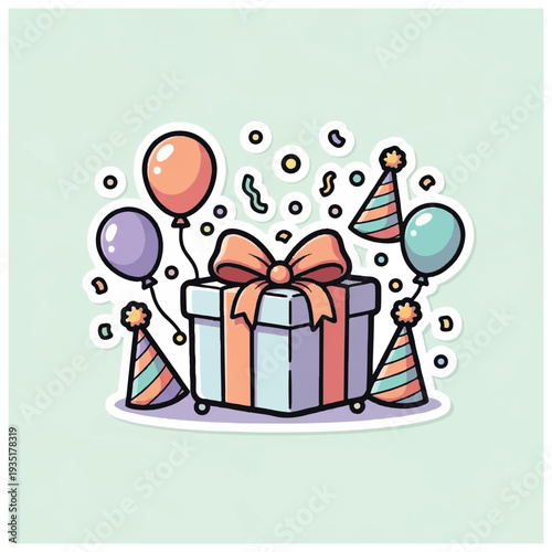 Gift Box with Balloons and Party Hats.