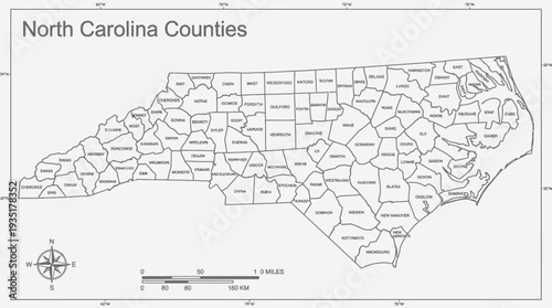 North Carolina Counties Map Outline - Vector State Geography with Administrative Divisions