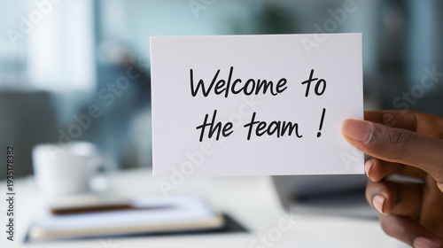 Human resources department welcoming new employee to corporate team, offering warm greeting card, celebrating successful hiring and onboarding process in office workplace