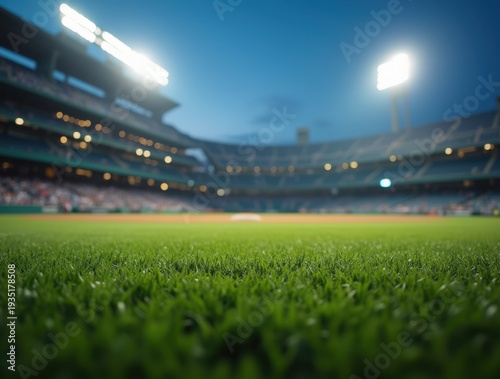 Low-angle view of a bright baseball field in an outdoor stadium, sharp infield and baseline with blurred stands and lights, leaving wide copy space in the distance