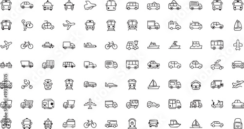 Black and white line of various vehicles vehicle line transportation symbols simple vehicles