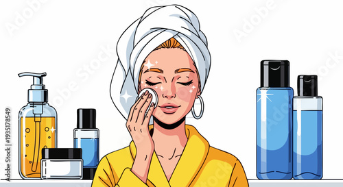 Woman Cleansing Face with Cotton Pad and Skincare Products Vector