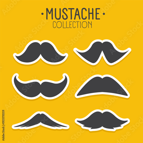 Mustache collection in different styles of moustaches. Hipster, barber, retro, vintage facial hair icons for logo, branding, poster, sticker, fashion, barbershop, design projects. Vector illustration