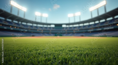 Low-angle view of a bright baseball field in an outdoor stadium, sharp infield and baseline with blurred stands and lights, leaving wide copy space in the distance