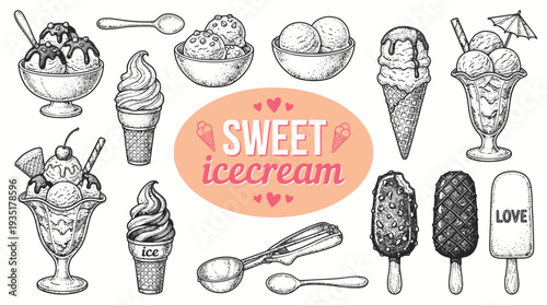 Sweet Ice Cream Vector Set in Vintage Engraving Style: Hand Drawn Scoops, Cones, Sundaes, Popsicles & Spoons Collection