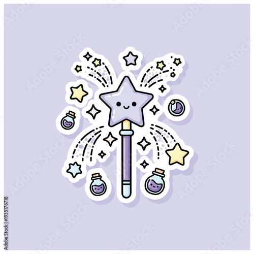 Cartoon Magic Wand with Star and Potion Bottles.