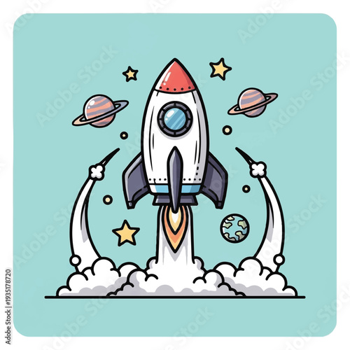Cartoon Rocket Launching into Space.