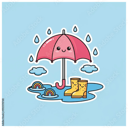 Cartoon Pink Umbrella and Yellow Rain Boots.