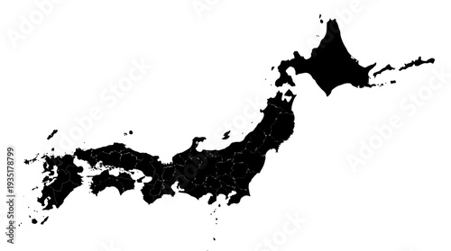 Detailed Black Silhouette Map of Japan with All Prefectural Borders Highlighted