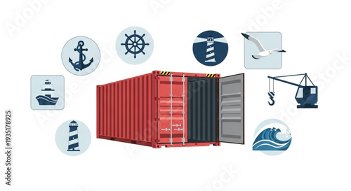 Red Shipping Container with Icons.
