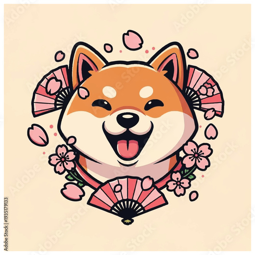Cartoon Shiba Inu with Fans and Flowers.