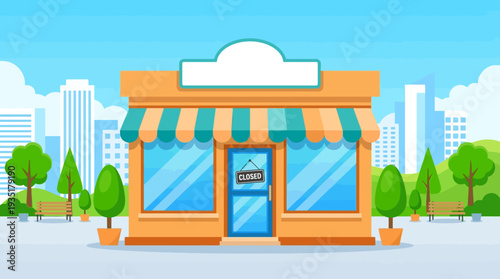 Closed Storefront Illustration. Flat Design Shop with 'Closed' Sign, Urban Cityscape and Park Background. Business Closure, Crisis, or Off-Hours Concept.