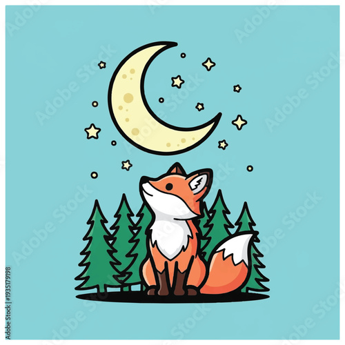 Cartoon Fox Looking Up at Moon.