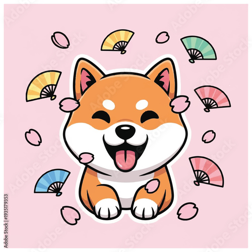 Happy Cartoon Shiba Inu Dog with Fans.