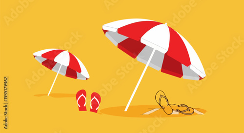 Two Red and White Striped Beach Umbrellas with Flip-Flops on Yellow Sand Vector