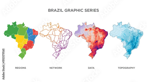 Brazil Map Graphic Series: Regions, Network, Data & Topography Infographics