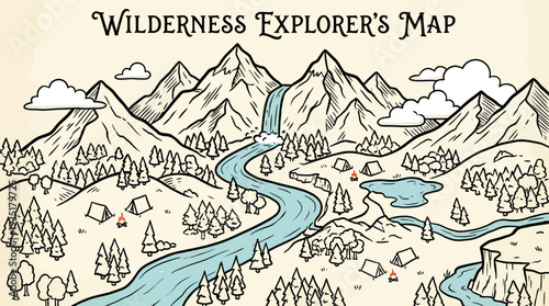 Hand-Drawn Wilderness Explorer's Map with Mountains, River, Forest & Camping Spots. Adventure, Travel & Nature Illustration.