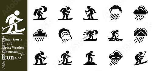 Winter Sports and Alpine Weather Silhouettes for Skiing and Hiking